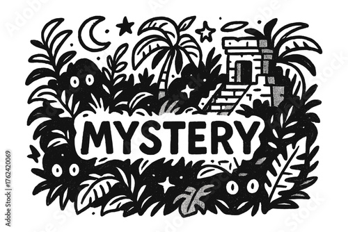 Jungle Mystery Doodle. Doodle jungle mystery with stars, ruins, and glowing eyes, center word “Mystery” in black and white