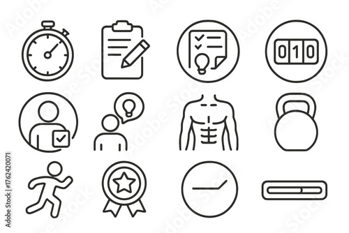 Personal Training Icons. Line style round icons of personal training: stopwatch, clipboard, form guide, plan sheet; rep tracker,