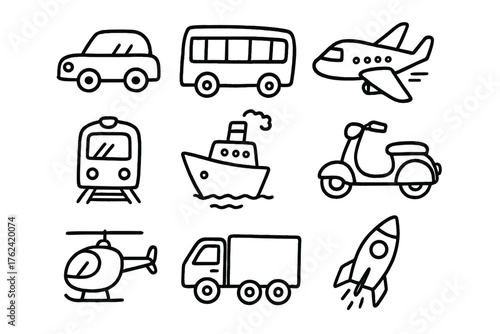 Transport Doodle Icons. Transport vehicles doodle icon set: hand drawn icons of car, bus, plane, train, ship, scooter, helicopter,
