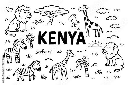 Kenya Safari Doodle. Doodle kenyan safari with lions, giraffes, and zebras, center word “Kenya” in black and white isolated