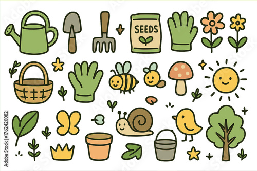 Gardening Doodle Icons. Gardening hobby doodle icon set: hand drawn icons of watering can, shovel, rake, gloves, seed bag, sprouts
