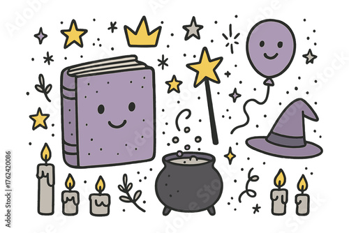 Enchanting School Supplies. Magic school illustration doodle style: hand drawn spellbook with smile, wand, crown, star, balloon,