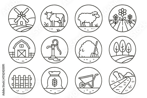 Farm Countryside Icons. Line style round icons of farm countryside: windmill, cow, sheep, flower field; barn, water pump, haystack