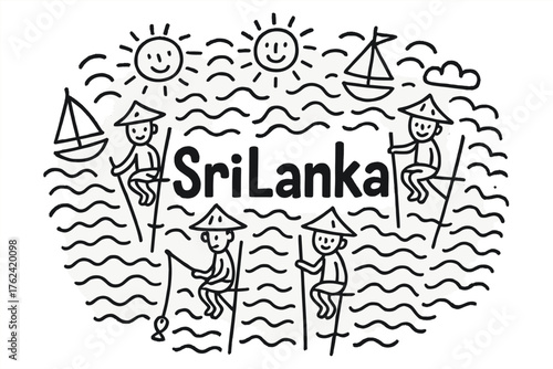 Sri Lankan Stilt Fishing. Doodle sri lankan stilt fishermen with waves, suns, and boats, center word “SriLanka” in black and white