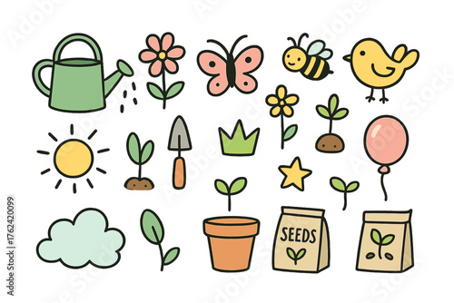 Spring Garden Doodles. Spring garden doodle icon set: hand drawn icons of watering can, flowers, butterfly, bee, bird, shovel,