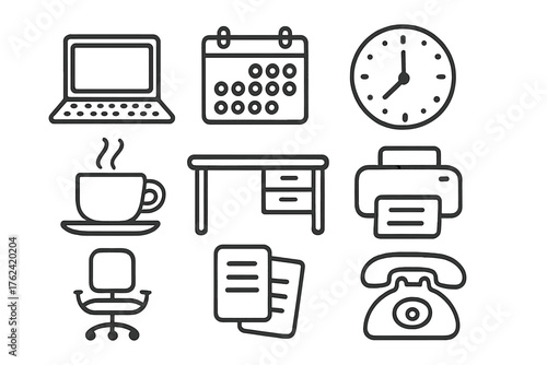 Office Doodle Icons. Office doodle icon set: hand drawn icons of laptop, calendar, clock, coffee cup, desk, printer, chair,