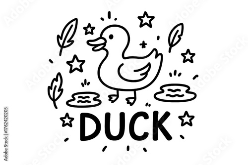 Doodle Duck Delight. Doodle duck with stars, ponds, and feathers, center word “Duck” in black and white isolated transparent