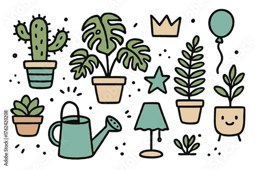 House Plants Doodle Icons. House plants doodle icon set: hand drawn icons of potted cactus, monstera, fern, succulent, crown, star