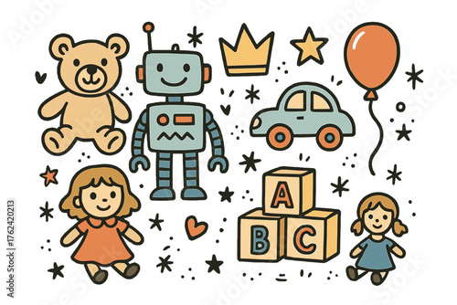 Toy Store Doodles. Toy store doodle icon set: hand drawn icons of teddy bear, robot with smile, crown, star, balloon, car, doll,
