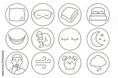 Cozy Nap Icons. Line style round icons of cozy napping: pillow, eye mask, blanket, soft bed; hammock, curled body, closed eyes,