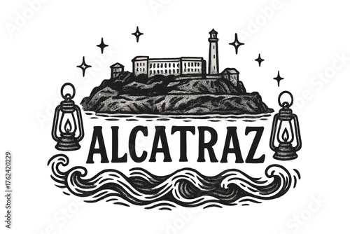 Alcatraz Island Illustration. Hand-drawn alcatraz island with waves, lanterns, and sparkles, center word “Alcatraz” in black and