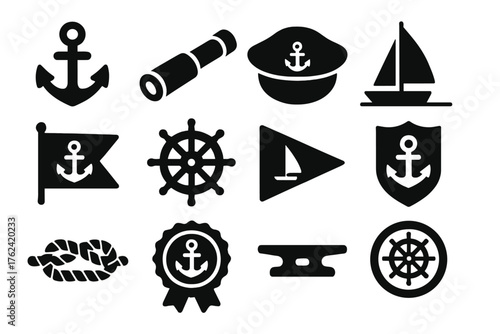 Nautical Symbols Collection. Solid style icons of Yacht club symbols: anchor, spyglass, captain's hat, marina, yacht flag, ship