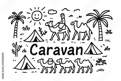 Desert Caravan Doodle. Doodle desert caravan with camels, tents, and palm trees, center word “Caravan” in black and white isolated