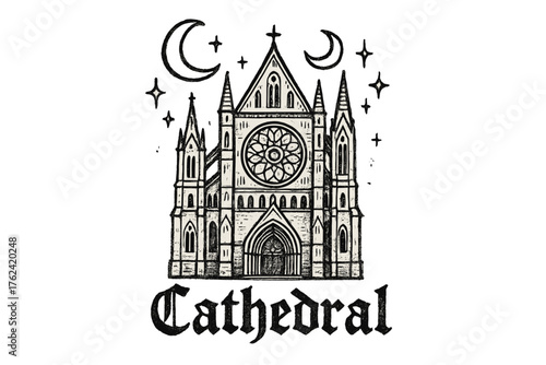 Gothic Cathedral Artistry. Hand-drawn gothic cathedral with moons, stained glass, and sparkles, center word “Cathedral” in black
