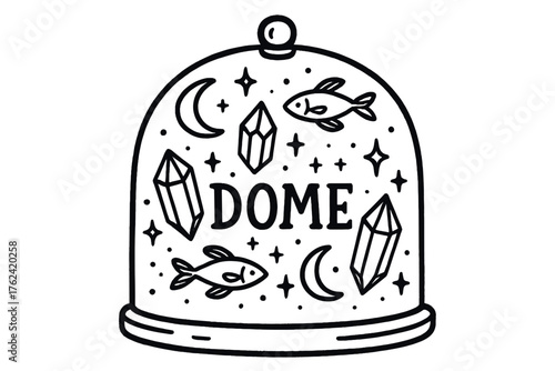 Enchanted Crystal Dome. Doodle enchanted dome with crystals, fish, and moons, center word “Dome” in black and white isolated
