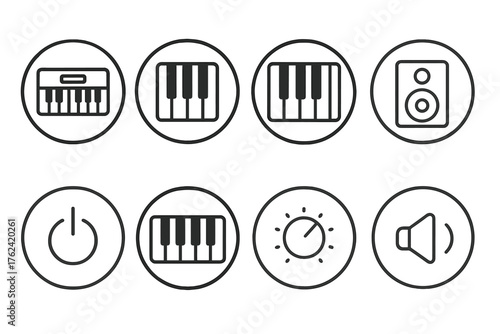 Line Art Piano Icons. Line style round icons of keyboard: piano, keys, music, instrument; black keys, white keys, sustain pedal,