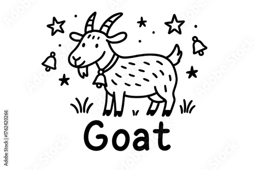 Goat Doodle Art. Doodle goat with stars, bells, and grass, center word “Goat” in black and white isolated transparent background
