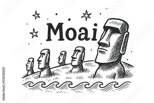 Easter Island Visualization. Hand-drawn easter island with statues, stars, and waves, center word “Moai” in black and white