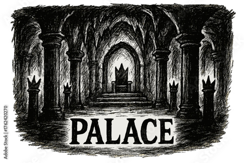 Underworld Palace Sketch. Hand-drawn underworld palace with black columns, crowns, and shadows, center word “Palace” in black and
