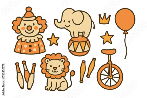 Circus Icons Collection. Circus kids doodle icon set: hand drawn icons of clown, elephant with smile, crown, star, balloon, lion,