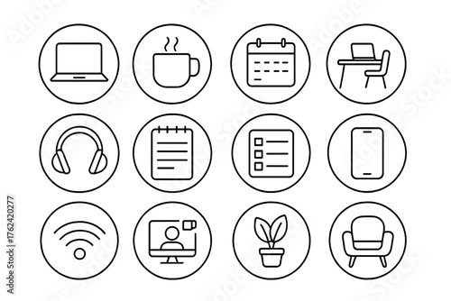 Remote Work Essentials. Line style round icons of remote work: laptop, coffee mug, calendar, home desk; headphones, notepad, task