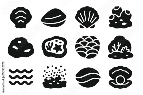 Shellfish Life Icons. Solid style icons of Shellfish Life: closed oyster, mussel shell, clamshell, barnacle patch, marine rock,