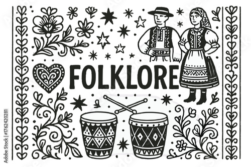 Slovak Folklore Design. Hand-drawn slovak folklore with patterns, drums, and stars, center word “Folklore” in black and white