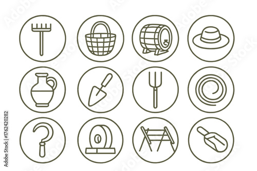 Traditional Tool Icons. Line style round icons of traditional tools: wooden rake, basket, wine barrel, straw hat; jug, trowel,