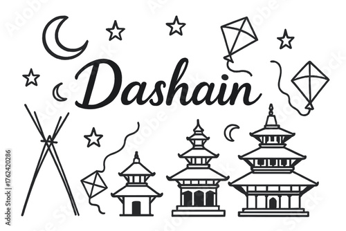 Dashain with Kites. Hand-drawn nepal dashain with moons, kites, and temples, center word “Dashain” in black and white isolated