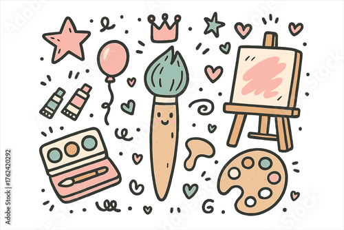 Friendly Art Doodle. Art class illustration doodle style: hand drawn paintbrush with smile, crown, star, balloon, palette, easel,