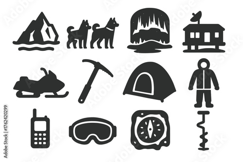 Arctic Expedition Icons. Solid style icons of Arctic expedition essentials: iceberg, huskies, northern lights, research station,