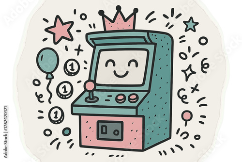 Retro Gaming Doodle. Retro gaming night illustration doodle style: hand drawn arcade machine with smile, crown, star, balloon,