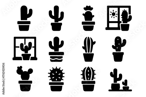 Potted Cacti Icons. Solid style icons of Potted Cacti: ceramic planter, mini saguaro, flowering cactus, indoor sunbeam, windowsill