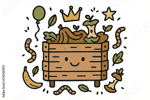 Cute Composting Doodle. Composting illustration doodle style: hand drawn compost bin with smile, crown, star, balloon, leaves,