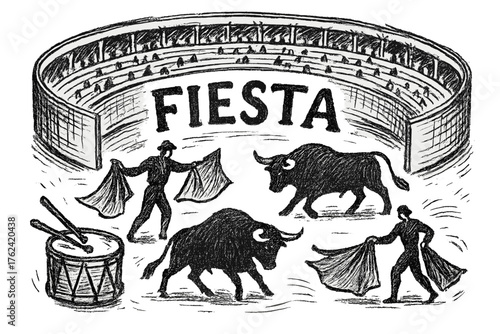 Bullfight Arena Fiesta. Hand-drawn bullfight arena with bulls, capes, and drums, center word “Fiesta” in black and white isolated
