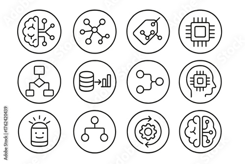 AI Basics Icons. Line style round icons of artificial intelligence basics: AI brain, neural network, machine learning tag, chip
