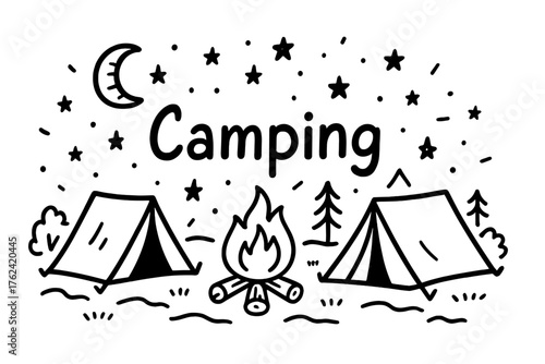 Camping Under Stars. Doodle camping night with tents, campfire, and stars, center word “Camping” in black and white isolated