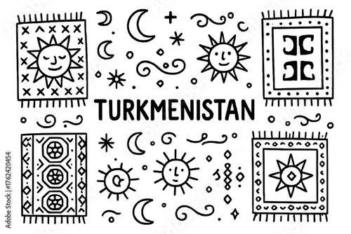 Turkmen Carpet Design. Doodle turkmen carpets with suns, moons, and ornaments, center word “Turkmenistan” in black and white