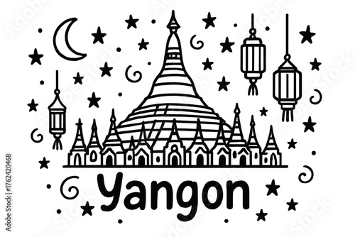 Yangon Pagoda Doodle. Doodle yangon shwedagon pagoda with stars, moons, and lanterns, center word “Yangon” in black and white