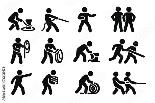 Deck Crew Icons. Solid style icons of Deck Crew Actions: tying down, hauling rope, bracing feet, teamwork stance, adjusting knot,