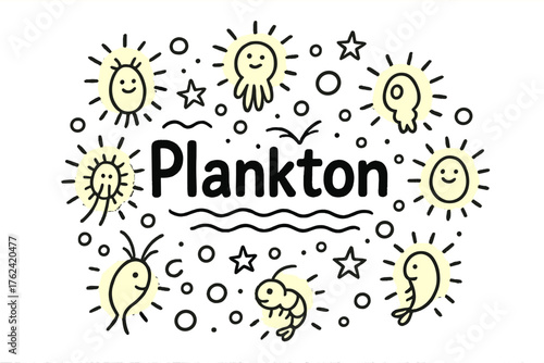 Glowing Plankton Doodle. Doodle glowing plankton with bubbles, waves, and stars, center word “Plankton” in black and white