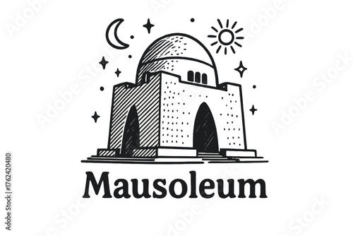 Quaid Mausoleum Art. Hand-drawn quaid mausoleum with moons, suns, and sparkles, center word “Mausoleum” in black and white