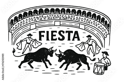 Bullfight Arena Fiesta. Hand-drawn bullfight arena with bulls, capes, and drums, center word “Fiesta” in black and white isolated