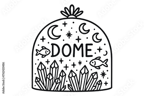Enchanted Crystal Dome. Doodle enchanted dome with crystals, fish, and moons, center word “Dome” in black and white isolated
