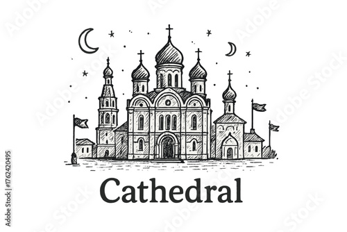 Cathedral Square Sketched. Hand-drawn cathedral square with moons, domes, and flags, center word “Cathedral” in black and white
