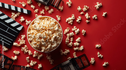 Popcorn in a bucket  and clapper-board on the red background.