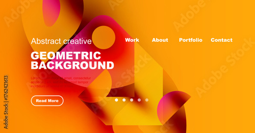 Bright orange backdrop features overlapping colorful shapes, text, navigation menu, button. Modern design promotes creativity, geometry.