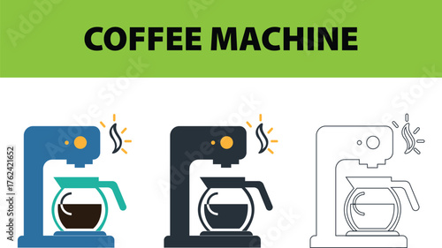Coffee Maker Vector Illustration – Drip Coffee Machine Icons Highlighting Brewing and Heating Process, Modern Kitchen Appliance Art