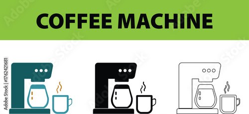 Coffee Maker Vector Illustration – Drip Coffee Machine with Cup Beside It, Brewing in Progress Concept, Modern Kitchen Design Art