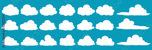 set of vector illustrations of clumpy clouds, cloud bubbles in flat style on a blue background